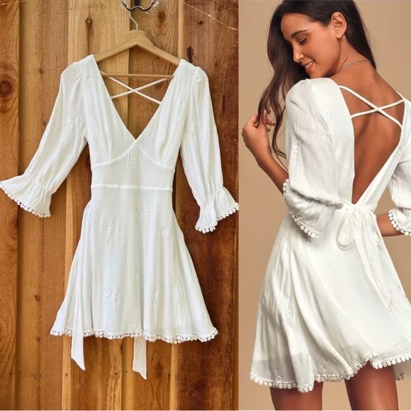 Lulus | Dresses | White Embroidered Backless Bellsleeve Skater Mini Dress |  Poshmark